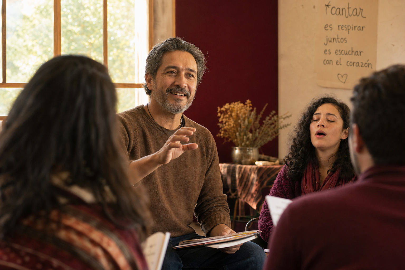 Francisco Ruiz leading a singing workshop, gesturing warmly to participants in a circle