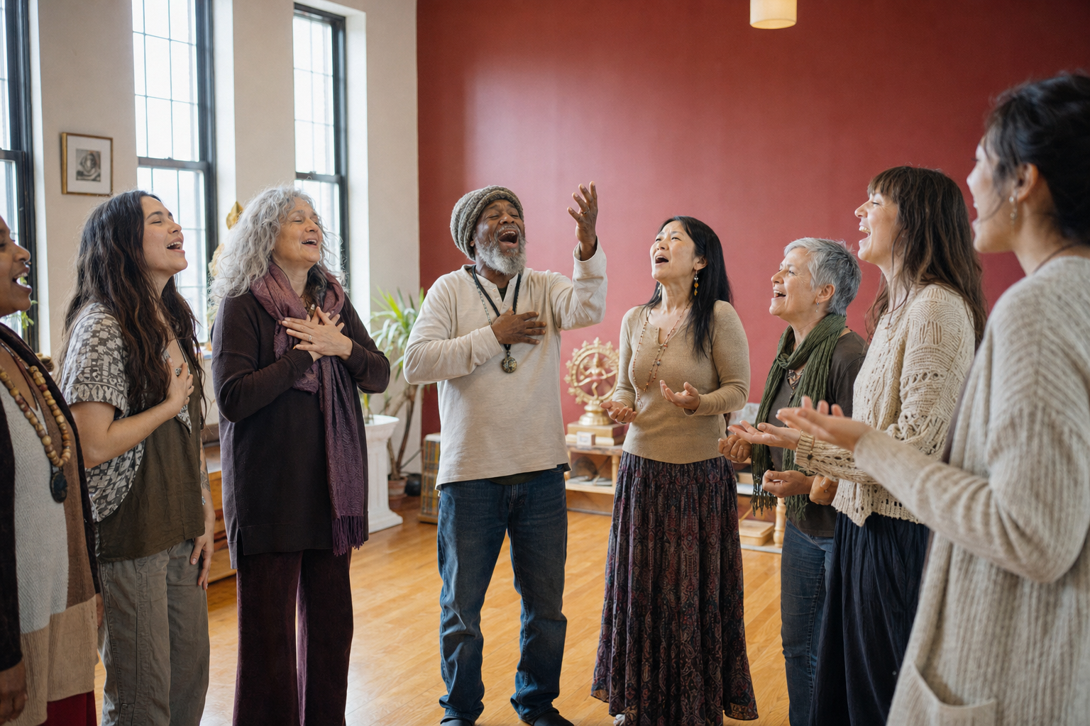 A diverse group of adults singing together in a workshop space