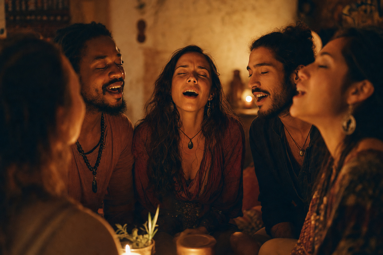 A circle of people singing together in warm candlelight